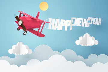 Paper art of red plane pull a happy new year flag flying in the sky