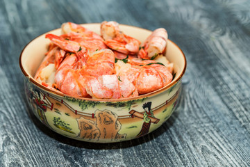 Freshly cooked shrimps in bowl