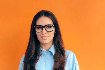 Smart Casual Office Look Woman Wearing Eyeglasses and Blue Shirt