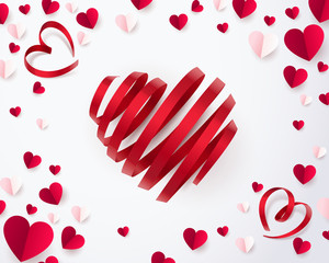 Twirl red heart ribbon and paper hearts on white background, happy Valentine's day concept