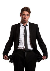 Photo of man in business suit with inverted empty pockets