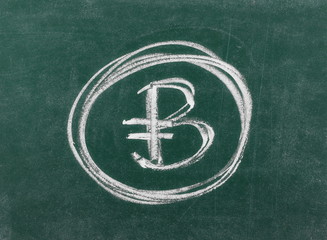 Bitcoin currency symbol on chalkboard, blackboard background, texture