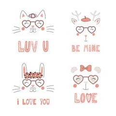 Foto auf Alu-Dibond Set of hand drawn portraits of cute funny animals in heart shaped glasses, with romantic quotes. Isolated objects on white background. Vector illustration. Design concept children, Valentines day card © Maria Skrigan