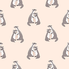 Seamless pattern with cute hugging badgers with closed eyes on pink background. Backdrop with adorable cartoon forest animals embracing each other. Colored vector illustration for wallpaper.