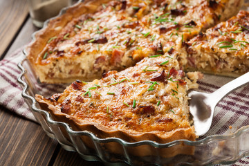 Homemade quiche lorraine with bacon and cheese