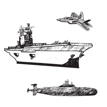 Aircraft carrier typical with Military airplane Raptor on board and fly over and submarine under, hand drawn doodle sketch, isolated vector outline army collection illustration