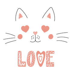 Hand drawn vector portrait of a cute funny cat with heart shaped eyes, romantic quote. Isolated objects on white background. Vector illustration. Design concept for children, Valentines day card.