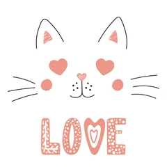 Tuinposter Illustraties Hand drawn vector portrait of a cute funny cat with heart shaped eyes, romantic quote. Isolated objects on white background. Vector illustration. Design concept for children, Valentines day card.