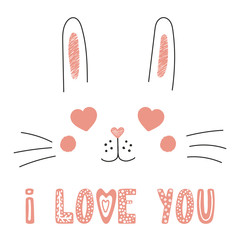 Hand drawn vector portrait of a cute funny bunny with heart shaped eyes, romantic quote. Isolated objects on white background. Vector illustration. Design concept for children, Valentines day card.