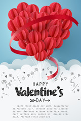 Paper art of group of red balloons combine to heart shape with doodles love icon and copy space, origami and happy valentine's day concept - obrazy, fototapety, plakaty