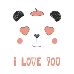 Gordijnen Hand drawn vector portrait of a cute funny panda with heart shaped eyes, romantic quote. Isolated objects on white background. Vector illustration. Design concept for children, Valentines day card. © Maria Skrigan