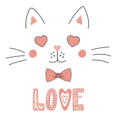 Fotobehang Hand drawn vector portrait of a cute funny cat with heart shaped eyes, romantic quote. Isolated objects on white background. Vector illustration. Design concept for children, Valentines day card. © Maria Skrigan