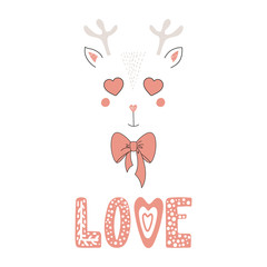 Hand drawn vector portrait of a cute funny reindeer with heart shaped eyes, romantic quote. Isolated objects on white background. Vector illustration. Design concept for children, Valentines day card.