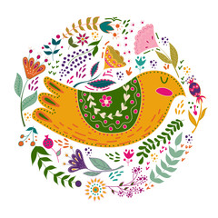 Art set vector colorful illustration with beautiful birds and flowers. Art poster for decoration your interior and for use in your unique design. Scandinavian style. Folk art.