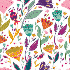 seamless pattern vector colorful illustration with beautiful birds flowers. Art poster for decoration your interior and for use in your unique design. Scandinavian style. Folk art.