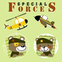 Funny animals soldiers cartoon with military equipment 