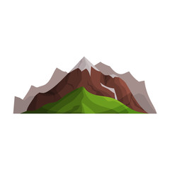 Mountains with glaciers and green hills, outdoor design element, nature landscape, mountainous geology vector Illustration