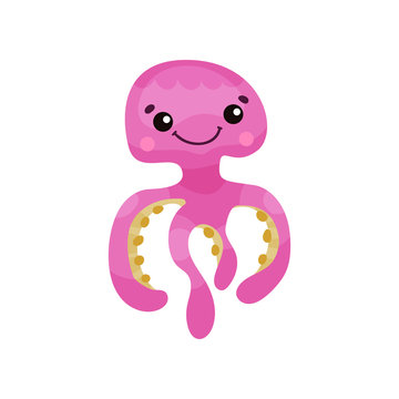 Cute pink octopus cartoon character, funny underwater animal vector Illustration