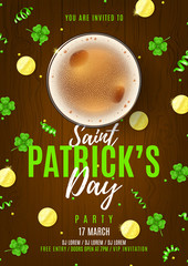 Happy Saint Patrick's Day Party Poster. Top View on Festive Composition with Beer Glass, Golden Coins and Clover Leaves on Wooden Texture. Vector Illustration. Invitation to nightclub.