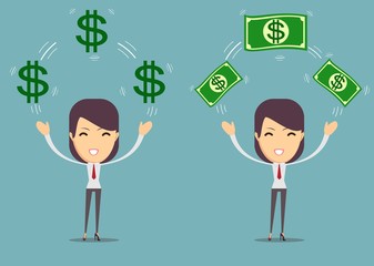 successful happy woman with money. set . Stock vector illustration for poster, greeting card, website, ad, business presentation, advertisement design.