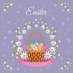 vector easter holiday poster, banner background template with spring festive elements - decorated eggs in wicker basket, daisy flowers with leaves for your design. Illustration on violet background.