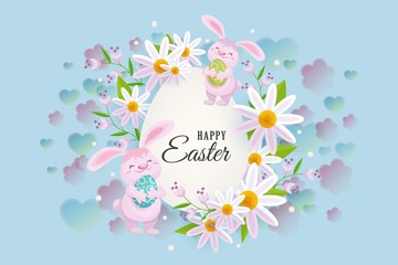 Horizontal Easter sale banner, postcard, card with egg shaped center element, text and cute bunnies, vector illustration. Happy Easter postcard, greeting card, banner template with bunnies and flowers