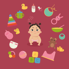 Set with crawling cute little baby in pink diaper with newborn essentials in circle around. Babygirl and many elements, toys. Comforter, monitor, teddy bear, toilet, etc. Girl infant. Colorful vector.