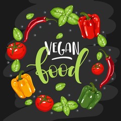 Vegan food hand lettering text in a vegetables frame.