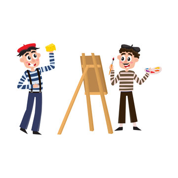 vector flat french parisian culture, traditional people. Male character wearing traditional pants on suspenders, beret eating cheese, man artist drawing with brush at canvas. Isolated illustration
