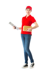 young female delivery worker holding small package