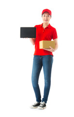 delivery worker holding mobile digital tablet