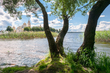 Summer landscape. Scenic view from the riparian forest to the lake Seliger, Tver region.