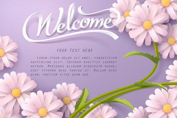 Paper art of Welcome calligraphy and Daisy flower with copy space