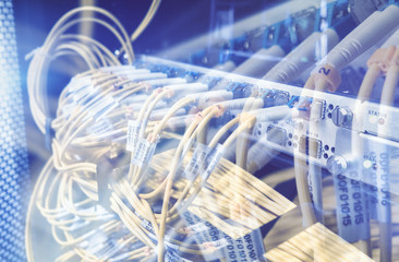 Fiber Optical connector interface. Rack Mounted Servers In A Server Room, Server rack audio cable....
