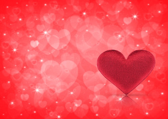 Fabric cute red love heart over blur red shiny background, Valentines day concept