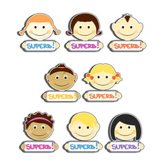 Kids with Superb label plates set vector illustration. Portraits with smile and various hairstyle