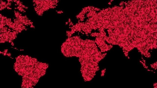 Digital red world map in dots. Motion graphics background for broadcast TV, films, exhibition and presentations. Seamless Loop.
