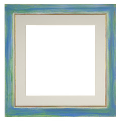 Empty picture frame isolated on white, hand painted blue moulding with mount, square format