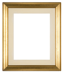 Large empty picture frame isolated on white with a distressed gold finish and a mount