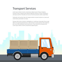 Small Cargo Truck on the Road, Lorry with Boxes on a Background of the City, Delivery Services, Logistics, Shipping and Freight of Goods, Flyer Poster Brochure Design, Vector Illustration