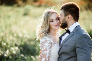 Beautiful wedding couple poses on a green field in the rays of sunset