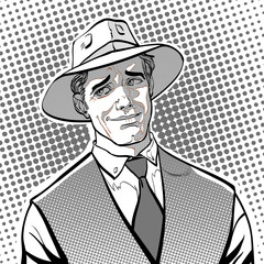 Ironic man. Cartoon character. Wild west.. Halftone background.