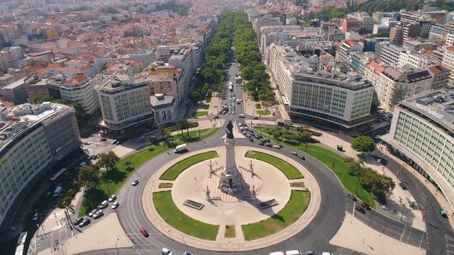 Lisbon Portugal aerial cityscape Eduardo VII park and Marques de Pombal square.