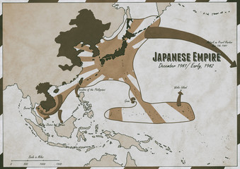 Hand drawn map of Japanese Empire in late 1941 - early 1942.