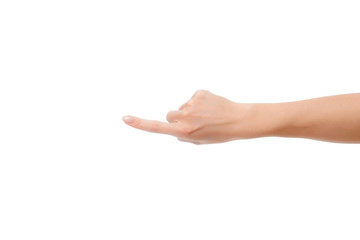 Closeup of woman hand showing index finger gesture white background