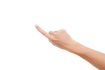 Closeup of woman hand showing index finger gesture white background