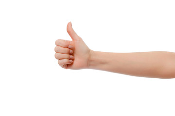 Closeup of a female hand showing a thumbs up sign gesture on a white background