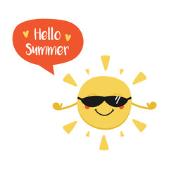 Cute cartoon sun character in sunglasses with speech bubble Hello summer. Vector hand drawn illustration.
