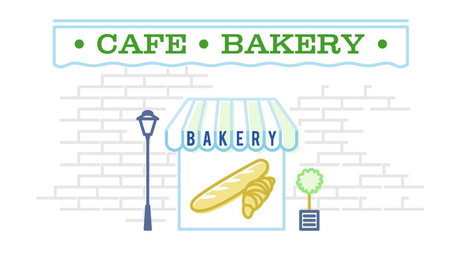 Illustration of bakery in the street in brick wall building. Cafe with awning and show-window with french bread and croissant. Vintage city street-lamp and flower pot. Flat line art style.