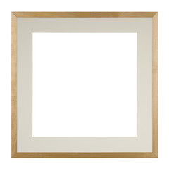 Empty picture frame in a heavily distressed light oak moulding with matte, isolated on white, square format